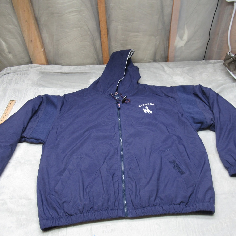 JanSport Cowboys Jacket Mens XL Blue Full Zip Hooded Rain Windbreaker LOGO VTG